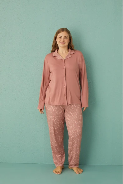 Gd Goldoremi 50851-9 Büyük Beden Kadın Puantiyeli Önden Düğmeli Pijama Takım ürün görseli 1