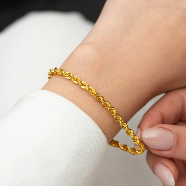 Halat Bileklik 3 mm 14 Ayar Altın - Resim 4