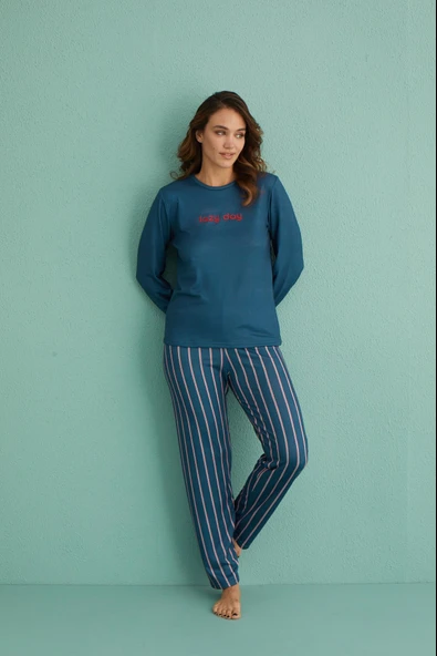 Gd Goldoremi 14102-4 Kadın Lazy Day Kadife Uzun Kol Çizgili Termal Pijama Takım ürün görseli 1