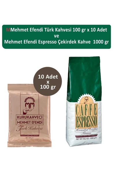 Mehmet Efendi Türk Kahvesi 100 gr x 10 Adet ve Mehmet Efendi Espresso Çekirdek Kahve 1000 gr ürün görseli 1