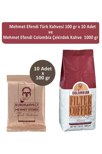 Mehmet Efendi Türk Kahvesi 100 gr x 10 Adet ve Mehmet Efendi Colombian Çekirdek Kahve 1000 gr ürün görseli 1