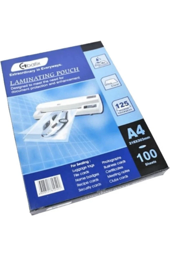 Bafix Laminasyon Filmi A4 125 Micron 100 Lü (1 Paket 100 Yaprak) ürün görseli 1