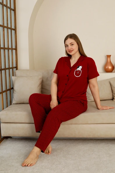 %100 Pamuk Düğmeli Kadın Pijama Takımı – Rahat ve Şık Gömlek Pijama Tasarımı - Geniş Beden Aralığı ürün görseli 1