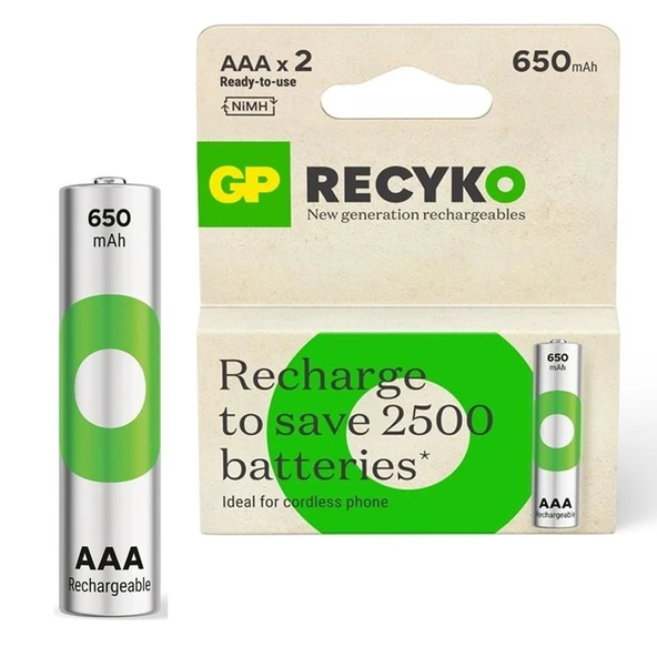 GP RECYKO GP65AAAHCER21 Şarjlı Pil AAA İnce Kalem 650 Mah Ni-Mh 2Li Paket ürün görseli 1