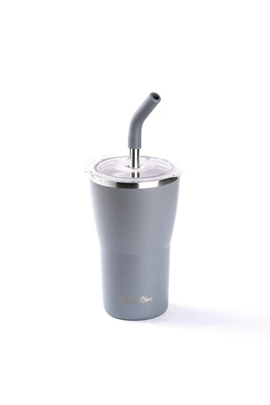HENG GRİ 2 KAPAKLI ÇİFT KATMANLI PİPETLİ TERMOS BARDAK 410ML ürün görseli 1