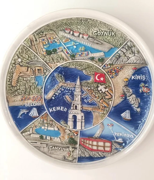 Tabak Antalya Temalı Kule Bayrak Deniz Balık Seramik Duvar Masa Süsü Dekor ürün görseli 1