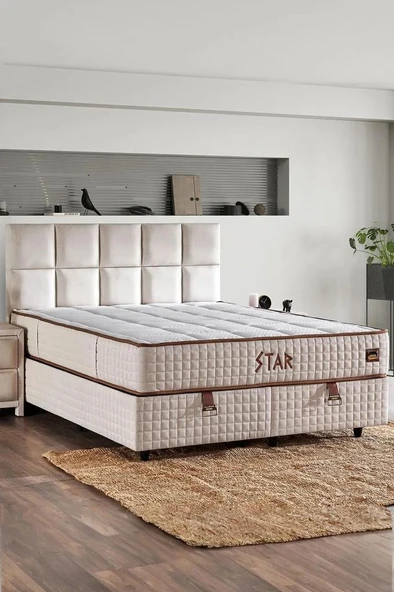 Star Yatak Seti 200x200 cm Çift Kişilik Yaylı Sert Ortopedik Yatak Krem Keten Lüks Baza Başlık Takım ürün görseli 1