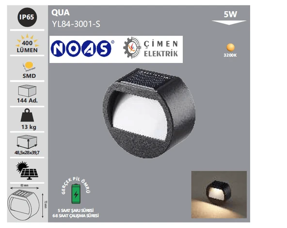 Noas YL84 3001 S 5W Qua Solar Aplik Günışığı ürün görseli 1
