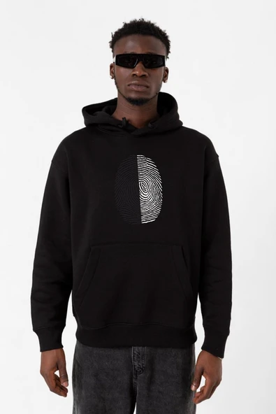 Siyah Beyaz Parmak İzi Siyah Erkek 3ip Kapşonlu Sweatshirt ürün görseli 1