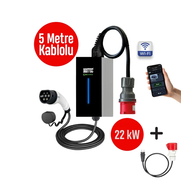 SGSTEC Home 22kW 5Metre Kablolu Taşınabilir Elektrikli Araç Şarj Cihazı ürün görseli 1