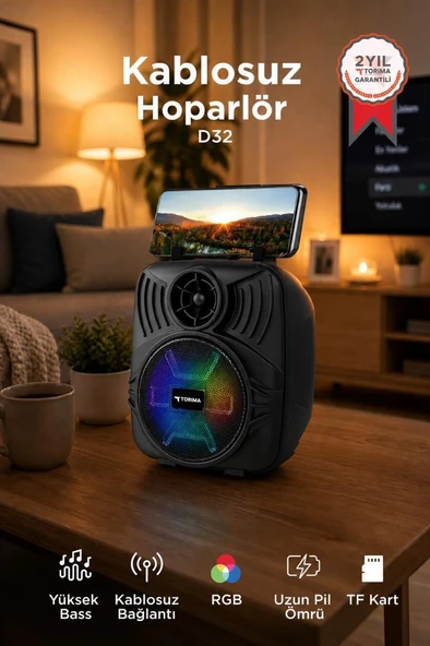 Bluetooth Hoparlör Telefon Tutacaklı Taşınabilir Şarjlı USB TF Kablosuz Speaker D32 Siyah ürün görseli 1