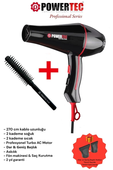 Powertec TR-601 Profesyonel Fön Makinesi +  Berber Fön Fırçası ürün görseli 1