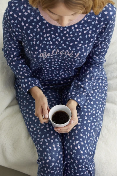 Desenli Yumoş Pijama Takım - Mavi ürün görseli 1