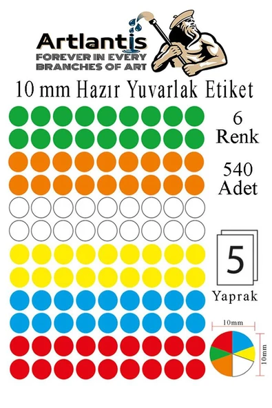 10 mm Renkli Hazır Yuvarlak Etiket 540 lı 1 Paket Mix Color Ofis Etiketleri Kendinden Yapışkanlı Nokta Etiket ürün görseli 1