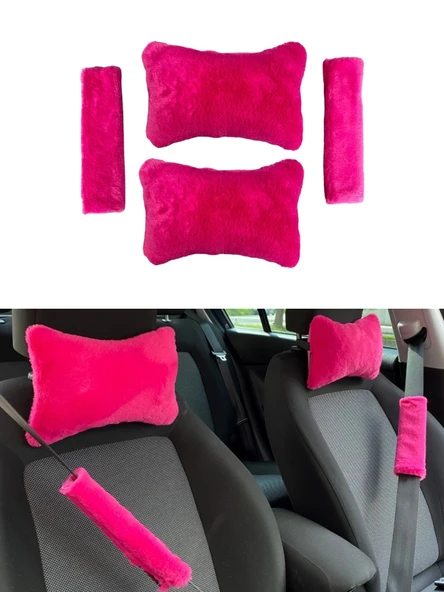 Peluş Ortopedik Araba Seyahat Boyun Yastığı Emniyet Kemer Pedi Seti Fuşya Pembe ürün görseli 1
