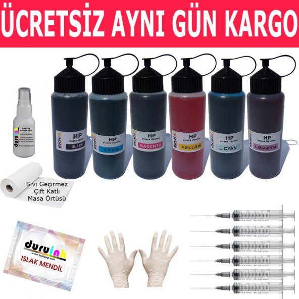 HP C6250 C6280 C6283 6X500ML MUADİL MÜREKKEP SETİ DURUINK 6 RENK DOLUM PHOTOSMART KARTUŞ DOLUM MÜREKKEBİ ürün görseli 1