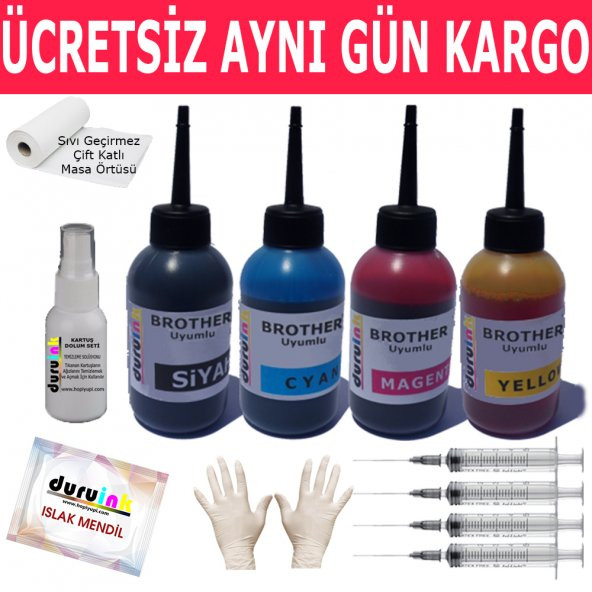 BROTHER BİTMEYEN KARTUŞLU TANKLI YAZICI UYUMLU 4X100ML MUADİL MÜREKKEP SETİ DURUINK 4 RENK  KARTUŞ DOLUM MÜREKKEBİ ürün görseli 1
