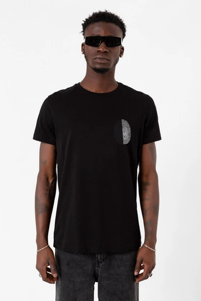 Siyah Beyaz Parmak İzi Siyah Erkek Tshirt ürün görseli 1