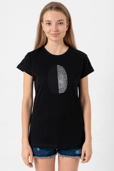 Siyah Beyaz Parmak İzi Siyah Kadın Tshirt ürün görseli 1
