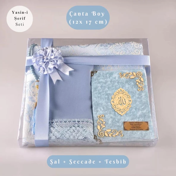 Şal + Seccade + Tesbih + Yasin Hediye Seti (Çanta Boy, Şems Lafzatullah, Raşel Cilt, Bebe Mavi) ürün görseli 1