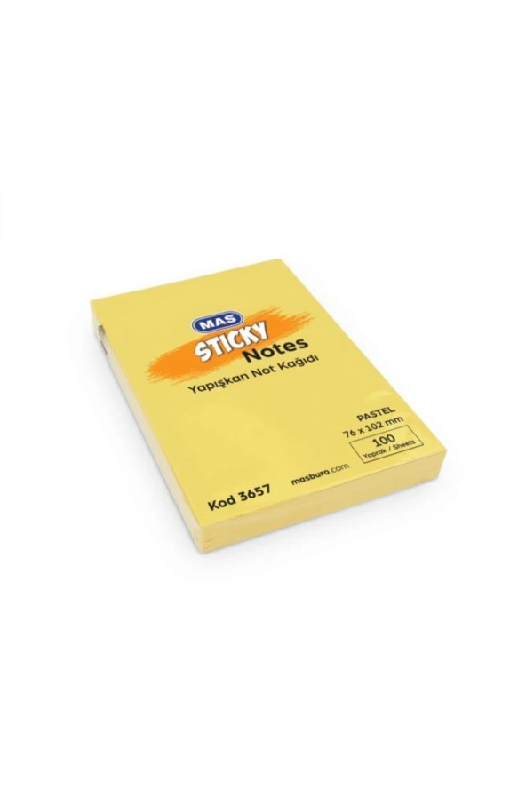 Mas Yapışkanlı Not Kağıdı 100 Sayfa 76x102mm Pastel Sarı 3657 (12 Koçan) ürün görseli 1