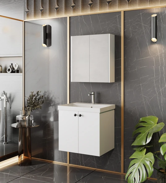 Karen Banyo Mimoza 60 Cm Mdf,lavabolu,aynalı Banyo Dolabı Seti,seramik Lavabo Dahil Beyaz Mdf ürün görseli 1