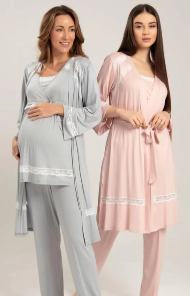 Bone Club 5201 Pudra Puanlı Sabahlıklı 3Lü Hamile Lohusa Pijama Tk ürün görseli 1