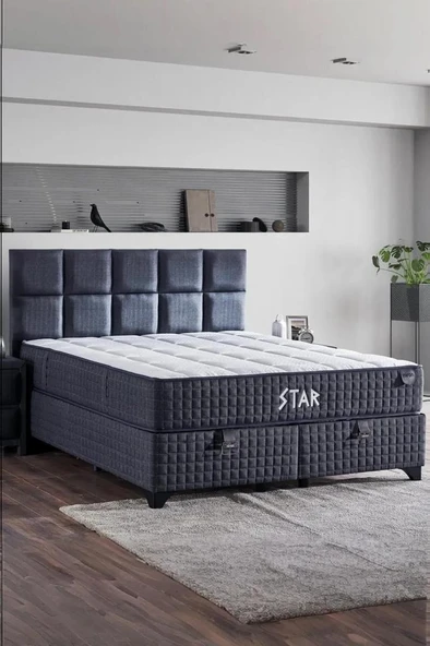 Star Yatak Seti 90x190 cm Tek Kişilik Yaylı Sert Ortopedik Yatak Antrasit Lüks Baza Başlık Takımı ürün görseli 1