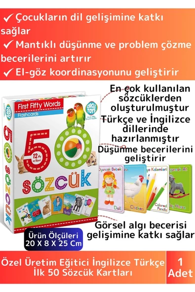 Premium Eğitici Zeka Geliştirici Yabancı Dil Öğretici Çocuk İlk 50 Sözcük İngilizce Türkçe Kartlar ürün görseli 1