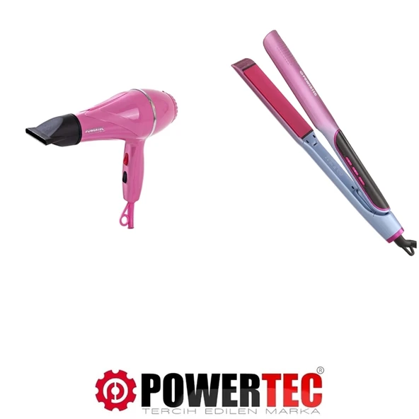 Powertec TR-501 Profesyonel Pembe Renkli Fön + TR-2830 IonTech Saç Düzleştirici ürün görseli 1