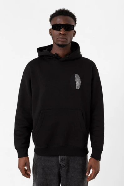 Siyah Beyaz Parmak İzi Siyah Erkek 3ip Kapşonlu Sweatshirt ürün görseli 1