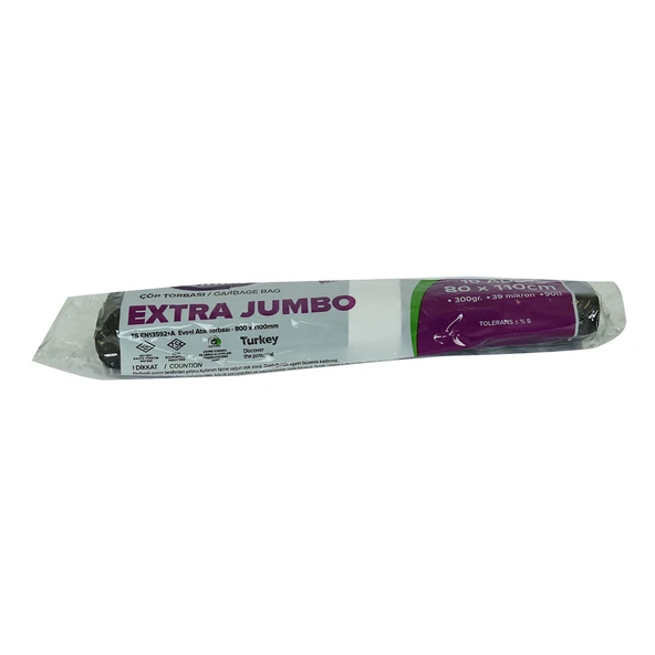 Çöp Torbası Extra Jumbo Boy 80x110Cm 300Gr 39Mikron 90Lt Siyah Rulo 10 Adet ürün görseli 1