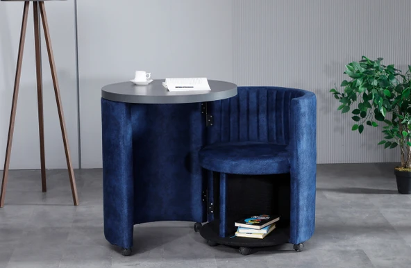 Meşe Home Marvel Tezgahlı Depolama Alanlı Tekerlekli Mavi Nubuk Kumaş Puf - Bench ürün görseli 1