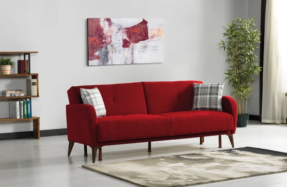 Meşe Home Rinka Süngerli Kollu Bazalı Yataklı Kırmızı Üçlü Koltuk Kanepe ürün görseli 1