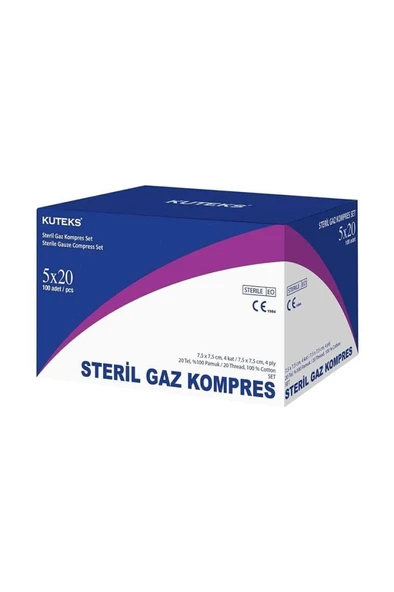 Kuteks Steril Gaz Kompres 7,5cm x 7,5cm 4 Kat (5x20 Adet) 100lü ürün görseli 1