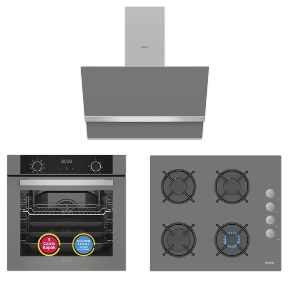 Simfer 10 Fonksiyon Airfry Gri 3'lü Ankastre Set ( Fırın +  Ocak +  Davlumbaz) ürün görseli 1