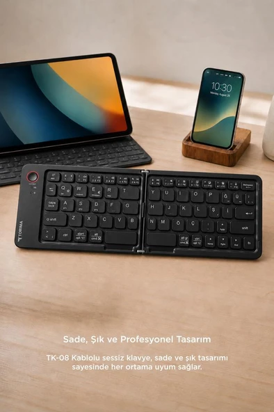 Kablosuz Klavye Bluetooth Katlanabilir Şarjlı Mini Klavye TK08 Siyah - Resim 3