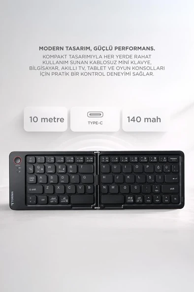 Kablosuz Klavye Bluetooth Katlanabilir Şarjlı Mini Klavye TK08 Siyah - Resim 2