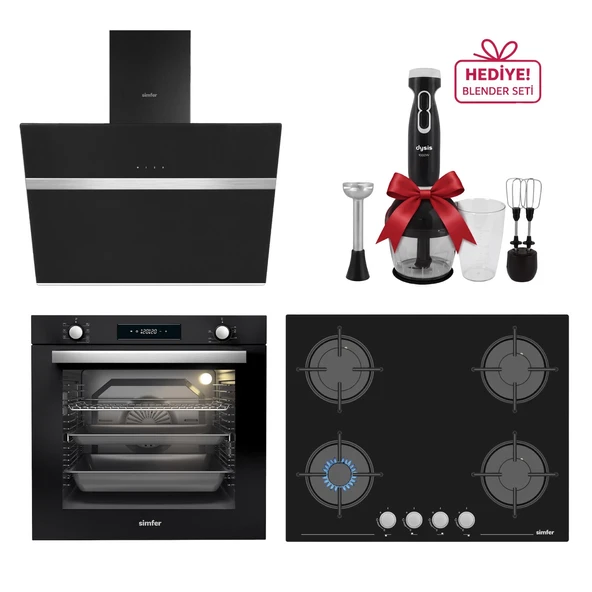 Simfer 8 Fonksiyon Siyah Multi Turbo Dijital 3'lü Ankastre Set (7381 Fırın + 3653 Ocak + 8611 Davlumbaz) ürün görseli 1