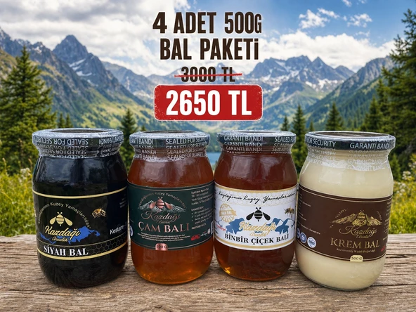 Kazdağı 4’lü Premium Set (Siyah Bal 500g • Polifloralı Çiçek Balı 500g • Çam Balı 500g• Krem Bal 500g) ürün görseli 1