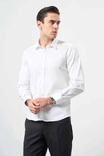 Beyaz Uzun Kol Düz Bez Ayağı 032 Sert Yaka Classic Slim Fit Gömlek 1004245324 ürün görseli 1