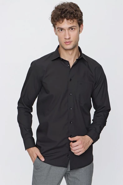 Siyah Uzun Kol Düz Bez Ayağı Sert Yaka Basic Comfort Fit Gömlek 1004245051 ürün görseli 1