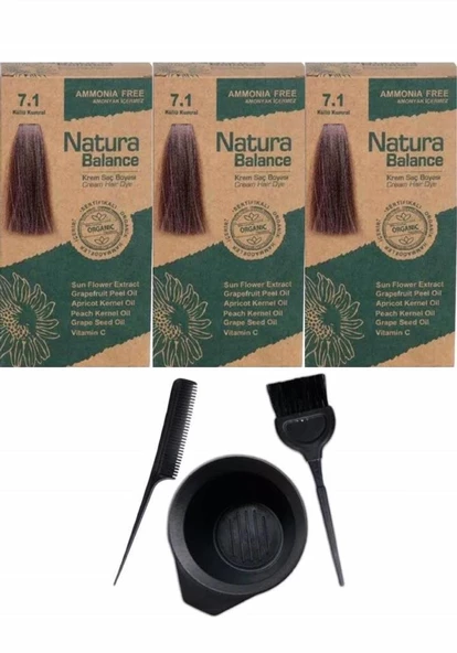 NATURA BALANCE SAÇ BOYASI 7.1  KÜLLÜ KUMRAL 3 ADET+SAÇ BOYAMA SETİ ürün görseli 1
