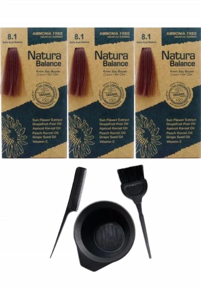 NATURA BALANCE SAÇ BOYASI 8.1 KÜLLÜ AÇIK KUMRAL 3 ADET+SAÇ BOYAMA SETİ ürün görseli 1