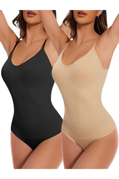 Kadın Dikişsiz Toparlayıcı ve İnceltici Çıtçıtlı İp Askılı Slip Body  Korse 2'li Set ürün görseli 1