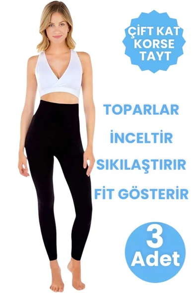 Yüksek Bel Sıkılaştırıcı İnceltici Toparlayıcı Çift Kat Korse Tayt Dikişsiz Korse Tayt 3 Adet ürün görseli 1