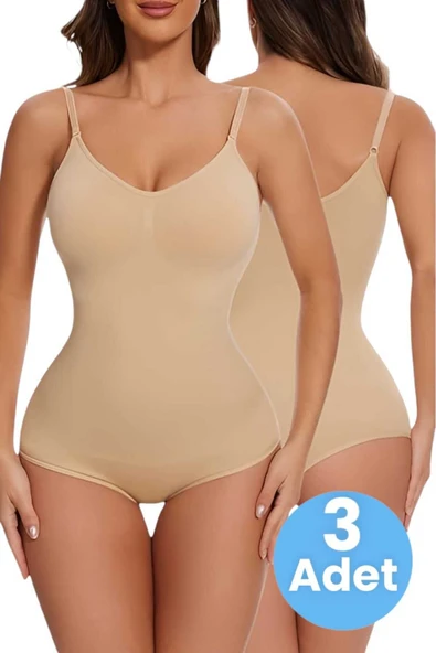 Kadın Dikişsiz Toparlayıcı ve İnceltici Çıtçıtlı İp Askılı Slip Body Korse 3'lü Set ürün görseli 1