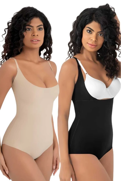 Kadın Lazer Kesim İz Yapmaz Göğüs Destekli Askılı Toparlayıcı Body Slip Korse 2'li Set ürün görseli 1