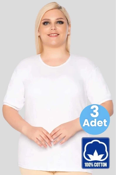 Kadın % 100 Pamuklu  Büyük Beden Dantelli Kısa Kollu Atlet Fanila 3 Adet ürün görseli 1