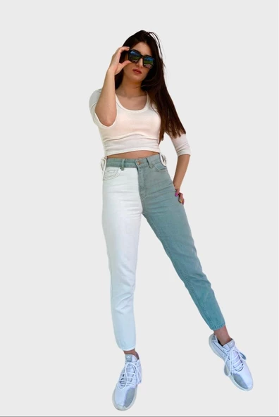 Kadın Kontrast Mom Jean Kot Pantolon Mint Beyaz ürün görseli 1